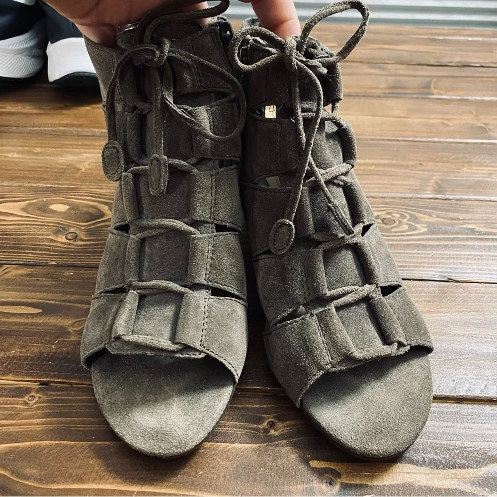 Vionic Bristol Suede Genuine Leather Lace-Up Dark Taupe Sandal Booties Size 6.5‎
